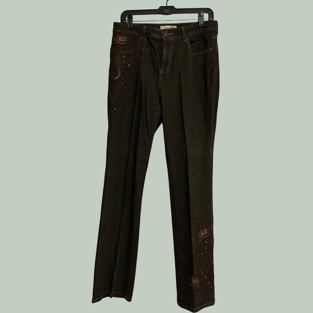 Chicos Platinum Olive Green Lace Embroidered Sequin Straight Leg Jeans Size 0.5